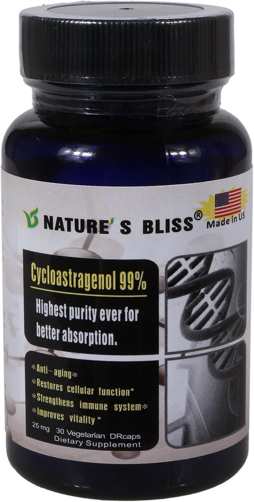 Nature'sbliss Cycloastragenol 25mg% 99,Telomere Supplements, Astragalus Root Extract, Anti Aging Supplement, Made in USA, Immunity Boost, Stomach Acid Korumalı, Super Abception, 30 Capsules