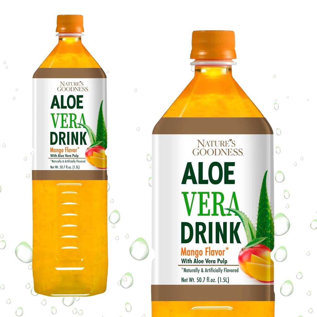 Nature's Goodness Aloe Vera Drink with Pulp Mango Flavor - 50.7 Fl Oz (1.5 L) - Gerçek Aloe Vera Juice ile Yenileme