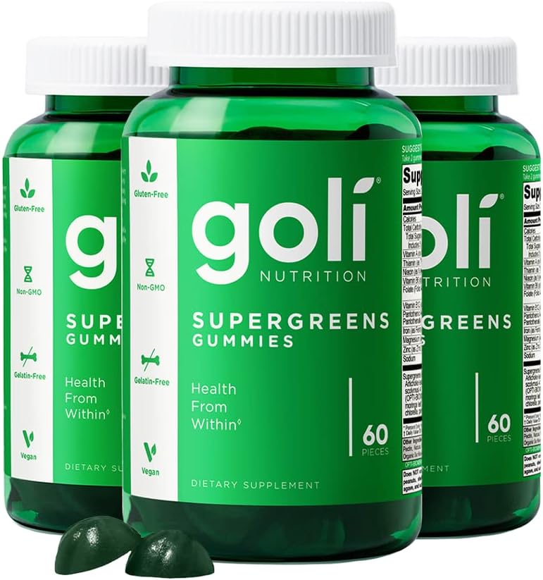 Goli SuperGreen Vitamin Gummy - 180 Count - Temel Vitaminler ve Mineraller - Plant-Based, Vegan, Gluten-Free & Gelatin Free - Health from within, Pack of 3