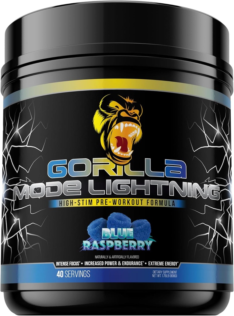 Gorilla Mode Lightning Pre-Workout - Extreme Energy · Laser Focus · Güçlü pompalar · Peak Performansı - 550 mg Caffeine, 13500 mg L-Tyrosine, Alpha-GPC- 808g (Mavi Raspberry)