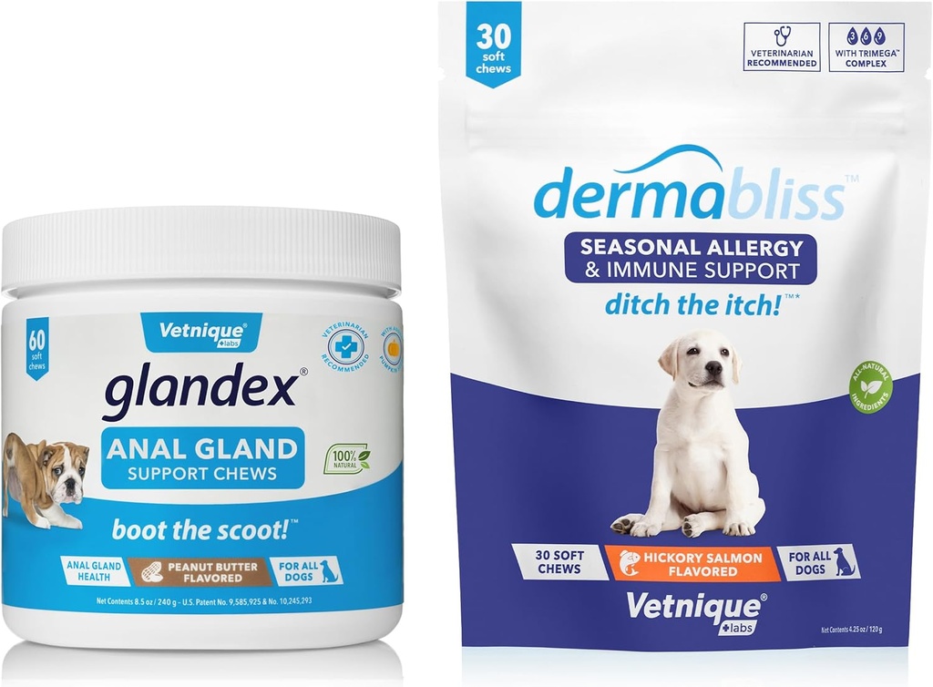 Vetnique Labs Dermabliss Αλλεργία Chews 30 Ct και Glandex Anal Gland Υποστήριξη Chews 60 Ct Bundle Dog Βιταμίνες & Συμπληρώματα, Anal Gland Dog Treats with Probiotics, Αλλεργίες σκύλου Θεραπεία του δέρματος Μαλακό μάσημα