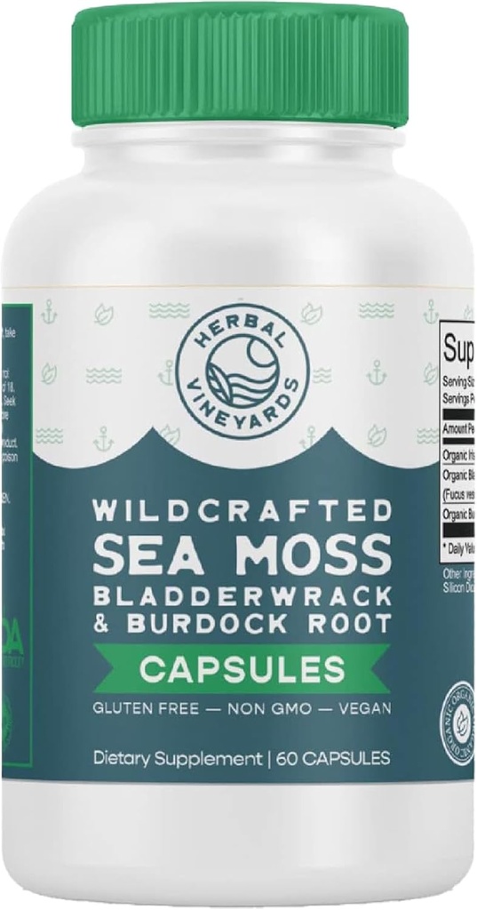 Herbal Vineyards Organic Wildcrafted Sebze 60 Capsules | 1500MG | 1 | İrlandalı Deniz Moss, Bladderwrack ve Burdock Root, Immune Support, Sağlıklı Skin & Enerji | Güçlü Immunity Alert