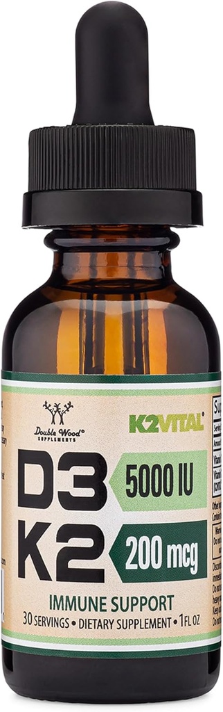 D3 K2 5.000 İdriyatik Ayaklanmalar (5,000 D3 ve 200 mcg of 99.9% Tüm Trans Patentli K2 MK-7 (K2Vital) Max Abhidrorps D Drops (30 Hizmetler) Çift Wood