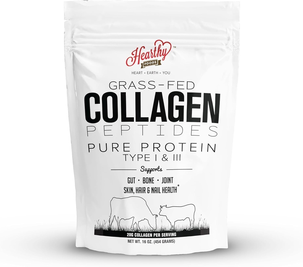 HEARTHY MOS Collagen Toz - 18g protein - Pure Halal Collagen Grass Grass Fed Organik Hydrolyzed Toz | Tip I ve III Unflavoured Keto Friendly Gluten Free No Sugar Non GMO 16 Oz