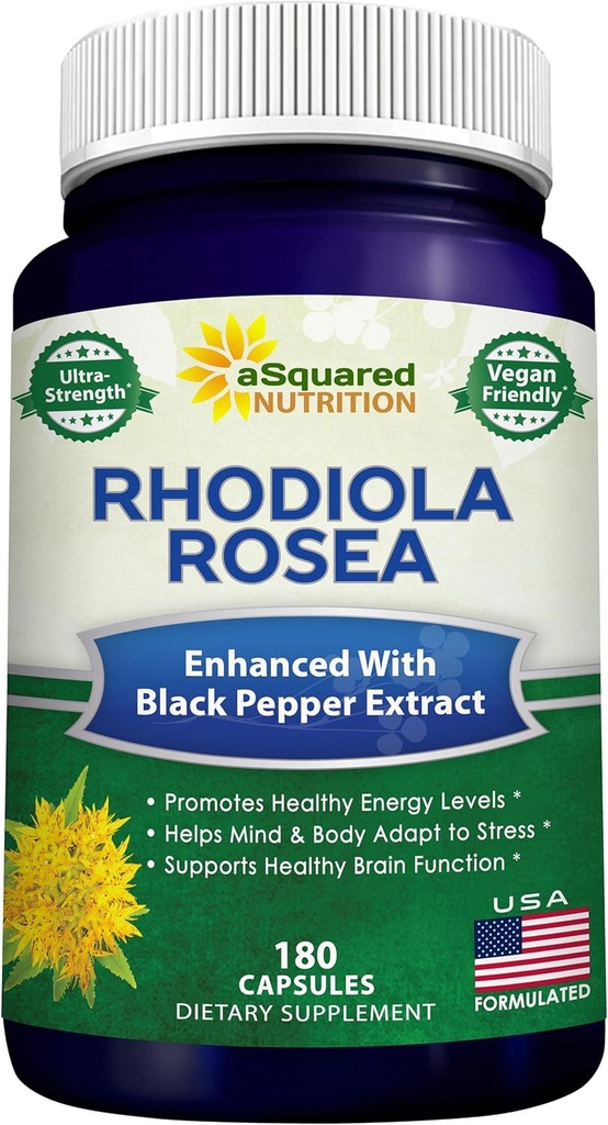aSquared Nutrition Rhodiola Rosea Max Strength with Black Pepper Supplement - 180 Caps - Max Απορρόφηση Powder Hills - Golden Root Herb for Stress Relief, Mood, Pure Focus & Energy - 500mg Per Cap