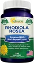 aSquared Nutrition Rhodiola Rosea Max Strength with Black Pepper Supplement - 180 Caps - Max Απορρόφηση Powder Hills - Golden Root Herb for Stress Relief, Mood, Pure Focus & Energy - 500mg Per Cap
