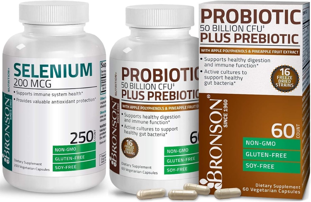 Bronson Probiyotik 50 Milyar CFU + Prebiyotik with Apple Polyols & Pineapple Fruit Extract + Selenium 200 Mcg for Immune System, Yourroid, Prostate and Heart Health