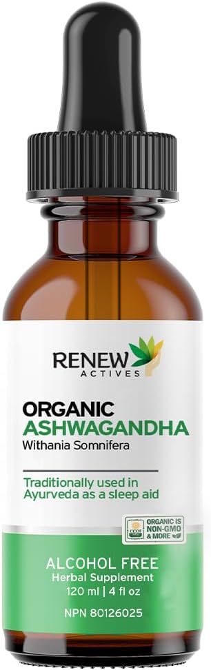 Renew Actives Organic Ashwagandha Liquid 220MG ανά 2 ml– Fast-Absorbing Formula for Cognitive Function, Memory, Energy, Stress, Sleep & Immune Health & Mental Clarity – Made in Canada - 120 ml