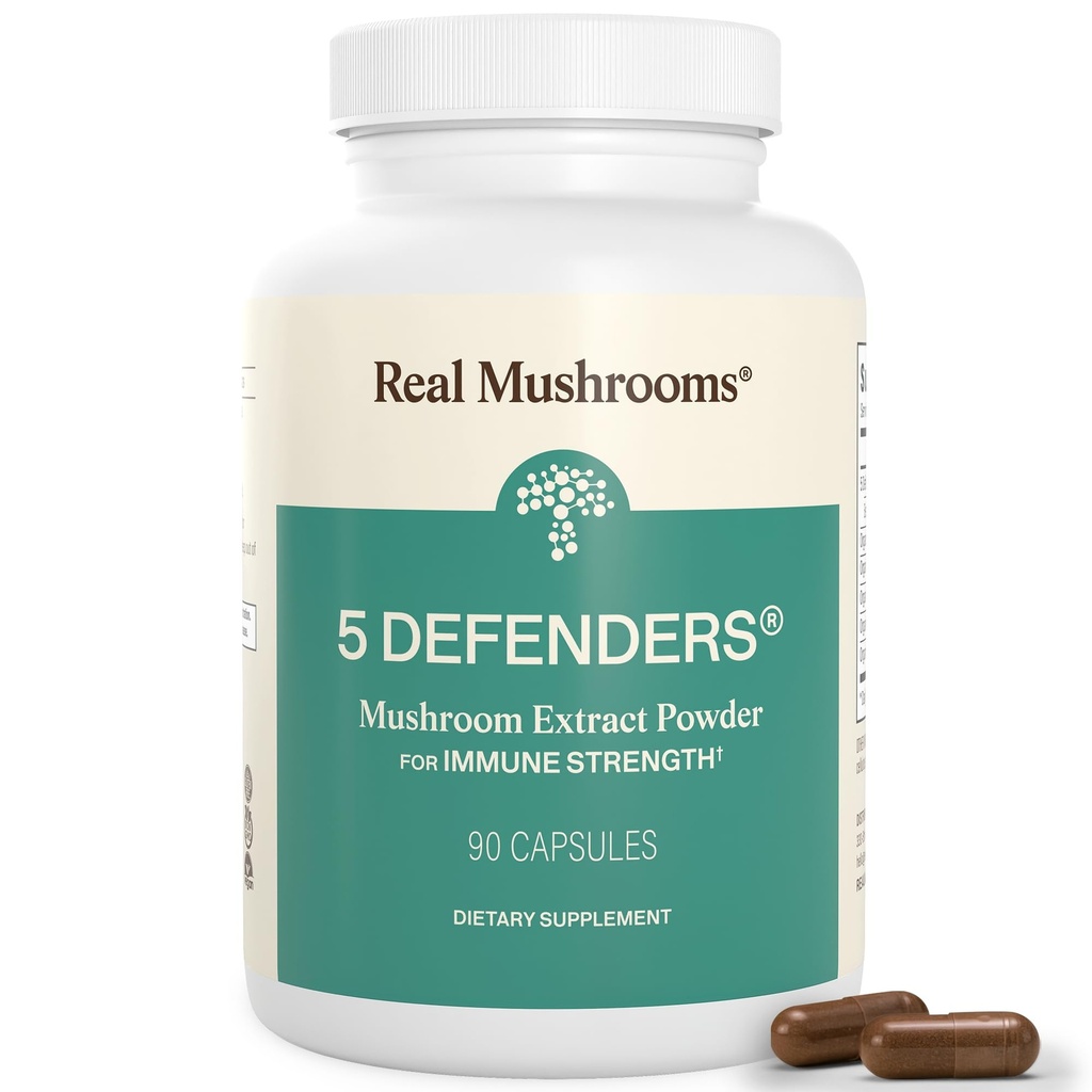 Real Mushrooms 5 Defender - Chaga, Reishi, Türkiye Tail, Maitake & Shiitake for Wellness Support - Mushroom Beta Glucan Capsules - 90 Count