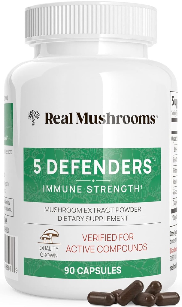 Real Mushrooms 5 Defender - Chaga, Reishi, Türkiye Tail, Maitake & Shiitake for Wellness Support - Mushroom Beta Glucan Capsules - 90 Count