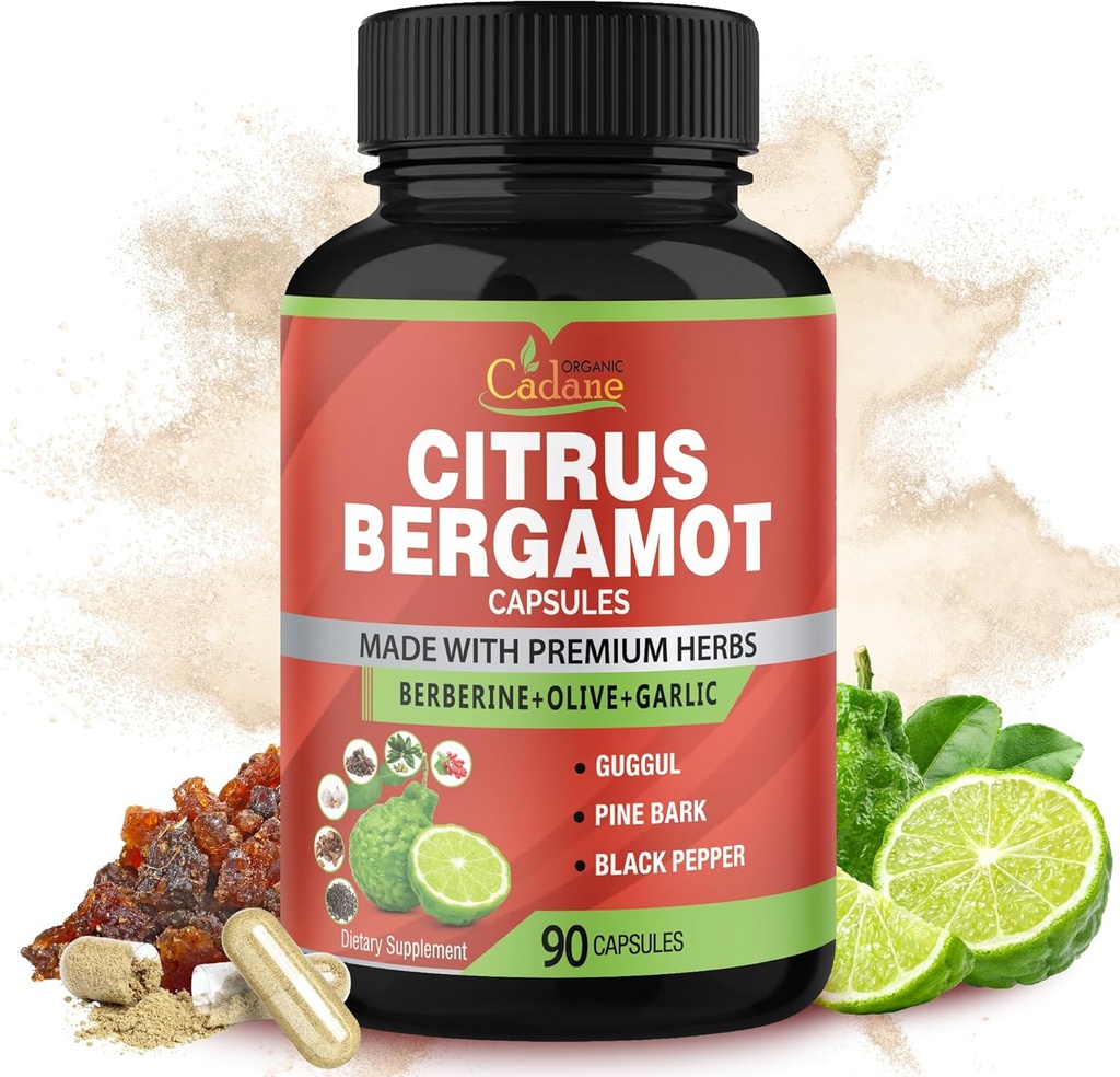 Organic Cadane Citrus Bergamot Supplement Extract Capsules, 90 Caps, 3 Months Supply & Berberine, Olive, Guggul, Garlic, Pine Bark, Black Pepper