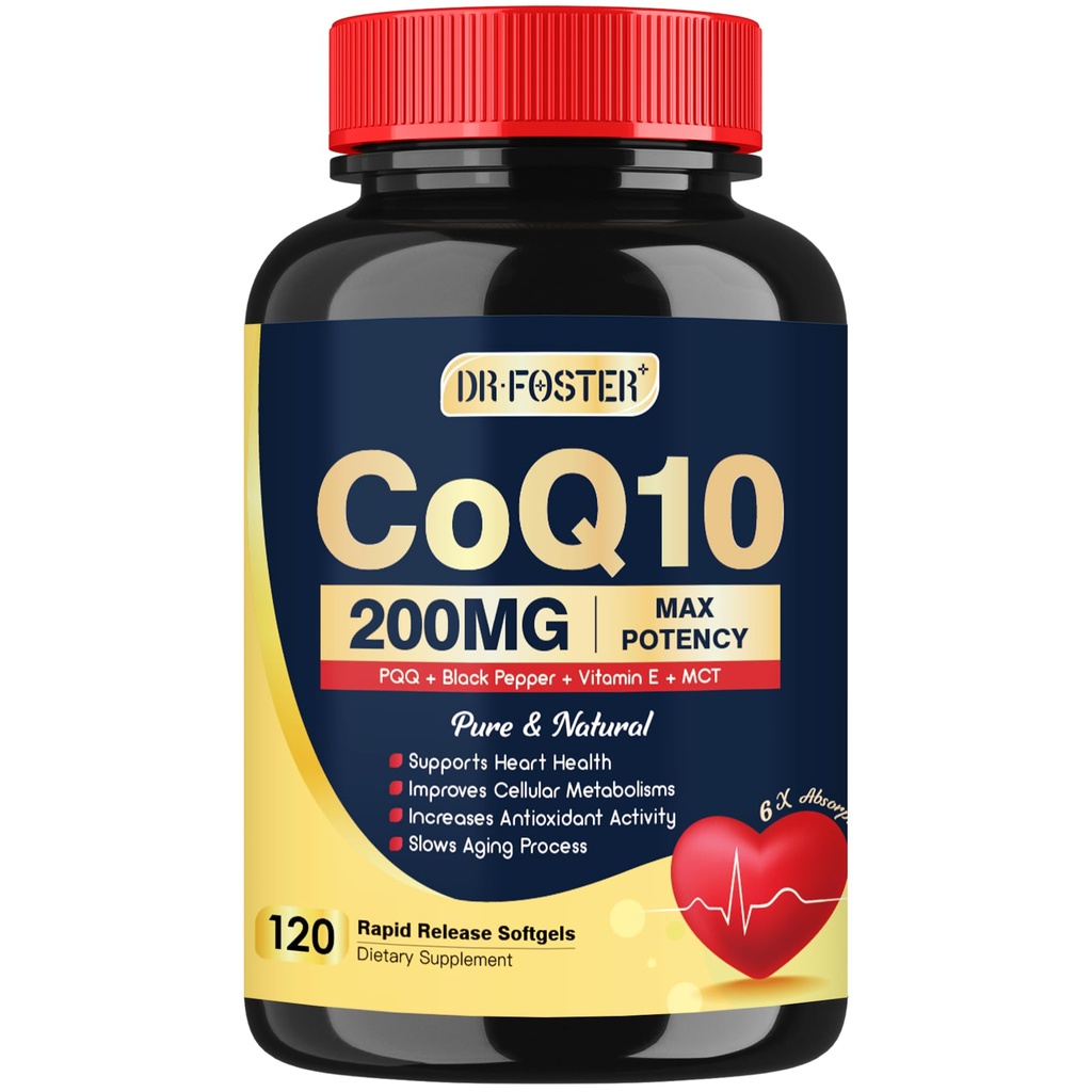 DRFOSTER Coq10 200mg, συνένζυμο Q10 για την παραγωγή αντιοξειδωτικών & ενέργειας, 6X υψηλότερη απορρόφηση Cq10 με εκχύλισμα βιταμίνης Ε & PQQ & μαύρου πιπεριού, Co q 10 συμπλήρωμα 120 σερβιρίσματος