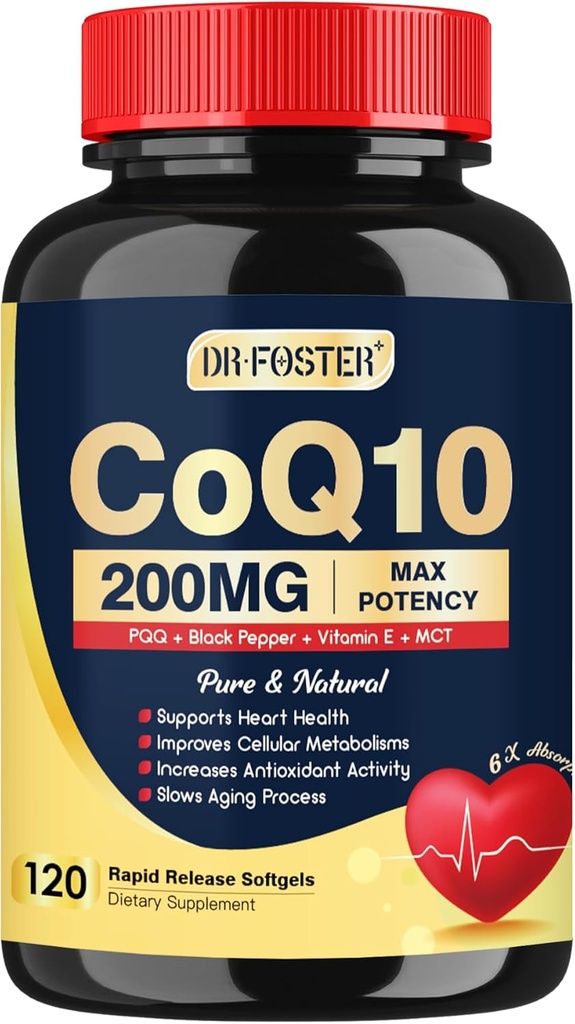 DRFOSTER Coq10 200mg, συνένζυμο Q10 για την παραγωγή αντιοξειδωτικών & ενέργειας, 6X υψηλότερη απορρόφηση Cq10 με εκχύλισμα βιταμίνης Ε & PQQ & μαύρου πιπεριού, Co q 10 συμπλήρωμα 120 σερβιρίσματος