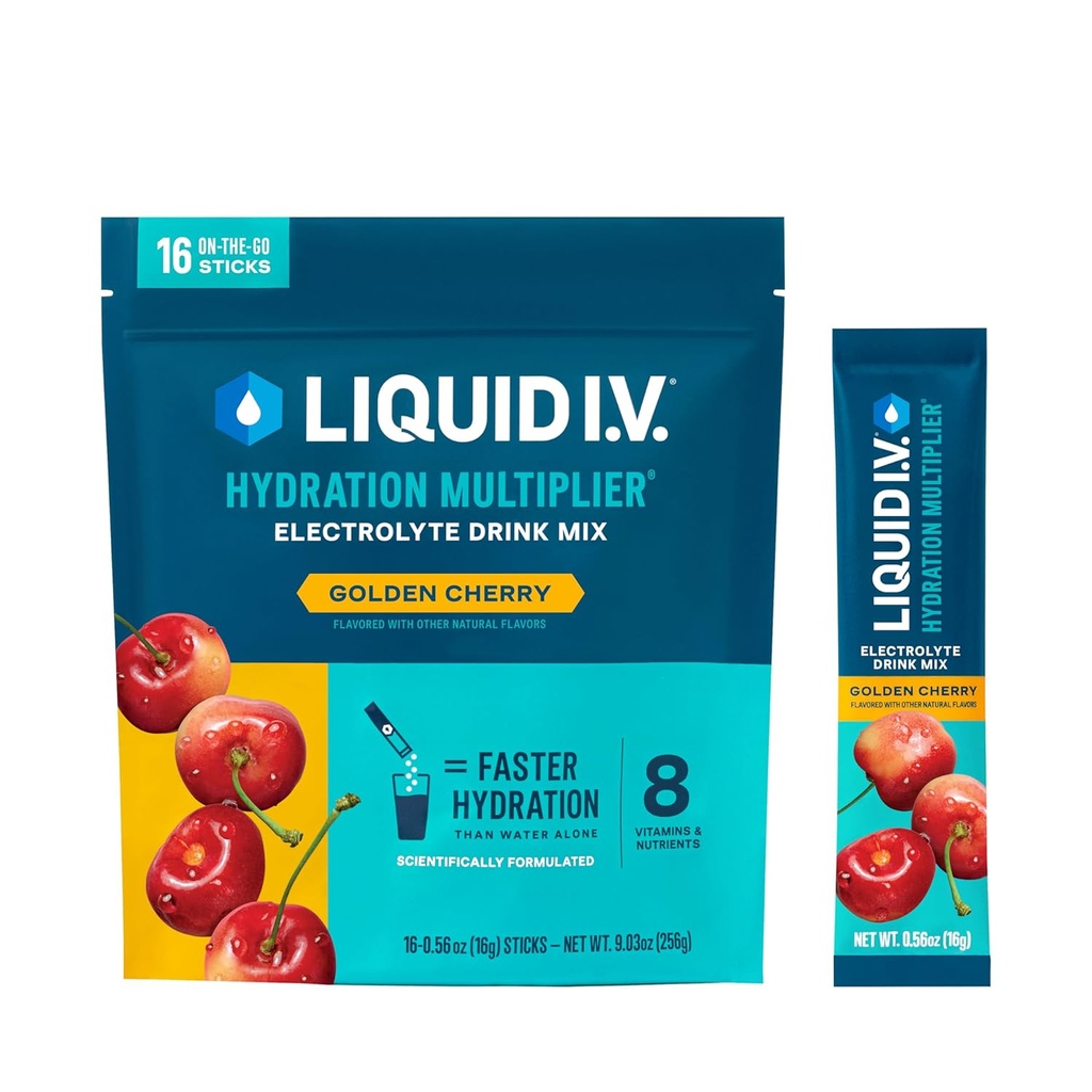 Sıvı I.V.® Hydration Multiplier® - Golden Cherry - Hydration Toz Paketleri | Elektrolyte Toz İç Mix | Single-Serving Sticks | Non-GMO | 16 Servisler (Brook of 12)