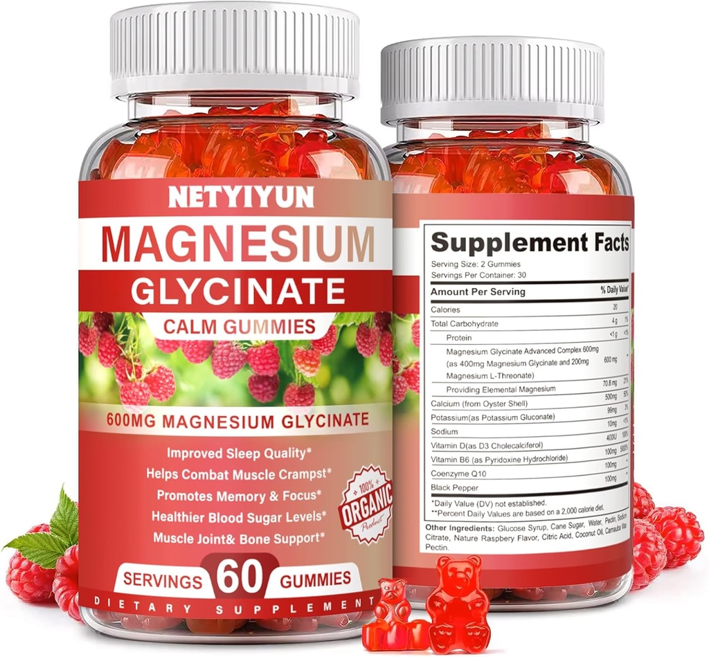 Μαγνήσιο Γλυκινικό Gummies 600mg, Υψηλή Απορρόφηση συμπλήρωμα μαγνησίου για ενήλικες,Συμπεριλάβετε 200mg Μαγνήσιο L-Θρεονικό, Μαγνήσιο Υποστήριξη για την ποιότητα του ύπνου, Χαλάρωση, Αγχος ανακούφιση πακέτο 1