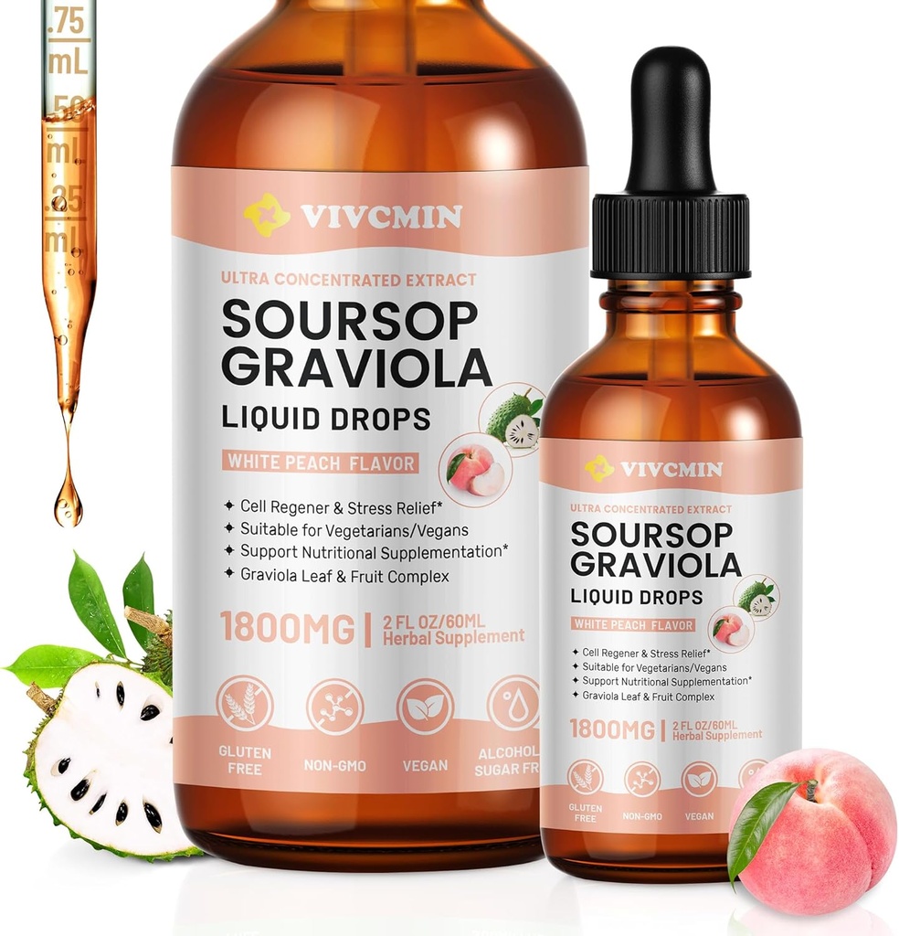 Graviola Soursop Leaf Extract Liquid - Soursop Bitters Υγρό, Υποστήριξη Ανοσοποιητικό, Χαλαρώστε, Ήπαρ και Ύπνο, Ζάχαρη & Αλκοόλ-Δωρεάν, Εξαιρετικά απορροφήσιμη Φόρμουλα, Λευκό Ροδάκινο Γεύση, 2 Fl Oz