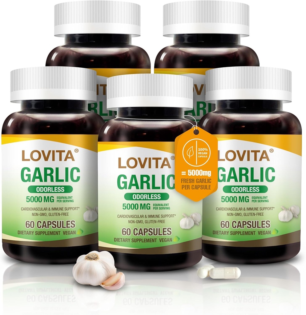 Lovita Odorless σκόρδο κάψουλες, 5000mg φρέσκο σκόρδο ισοδύναμο, 1,25% εκχύλισμα αλλικίνης, υποστηρίζει την καρδιά, την πίεση του αίματος, χοληστερόλη & ανοσοποιητικό σύστημα, μη ΓΤΟ, χωρίς γλουτένη, 300 κάψουλες Vegan