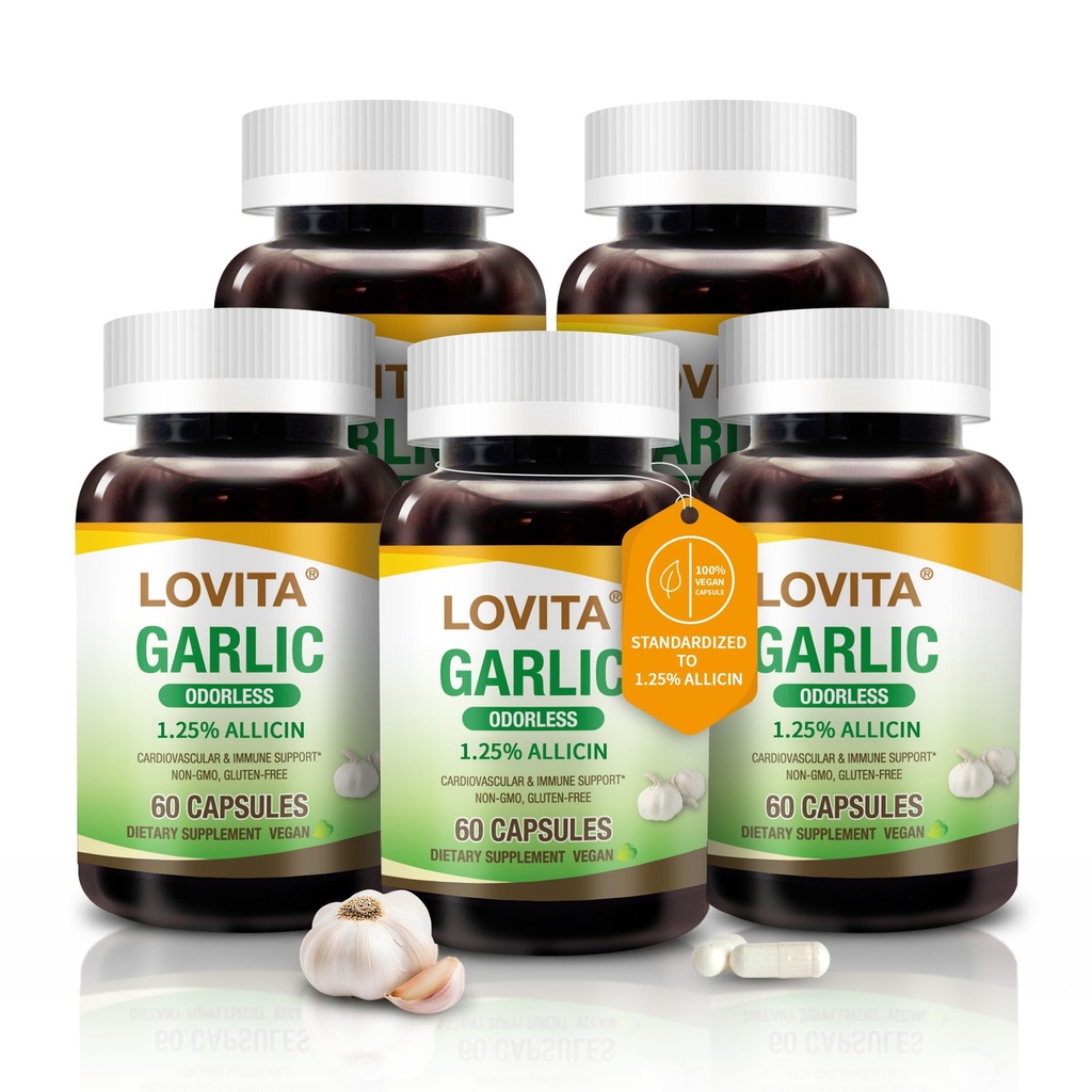 Lovita Odorless σκόρδο κάψουλες, 5000mg φρέσκο σκόρδο ισοδύναμο, 1,25% εκχύλισμα αλλικίνης, υποστηρίζει την καρδιά, την πίεση του αίματος, χοληστερόλη & ανοσοποιητικό σύστημα, μη ΓΤΟ, χωρίς γλουτένη, 300 κάψουλες Vegan