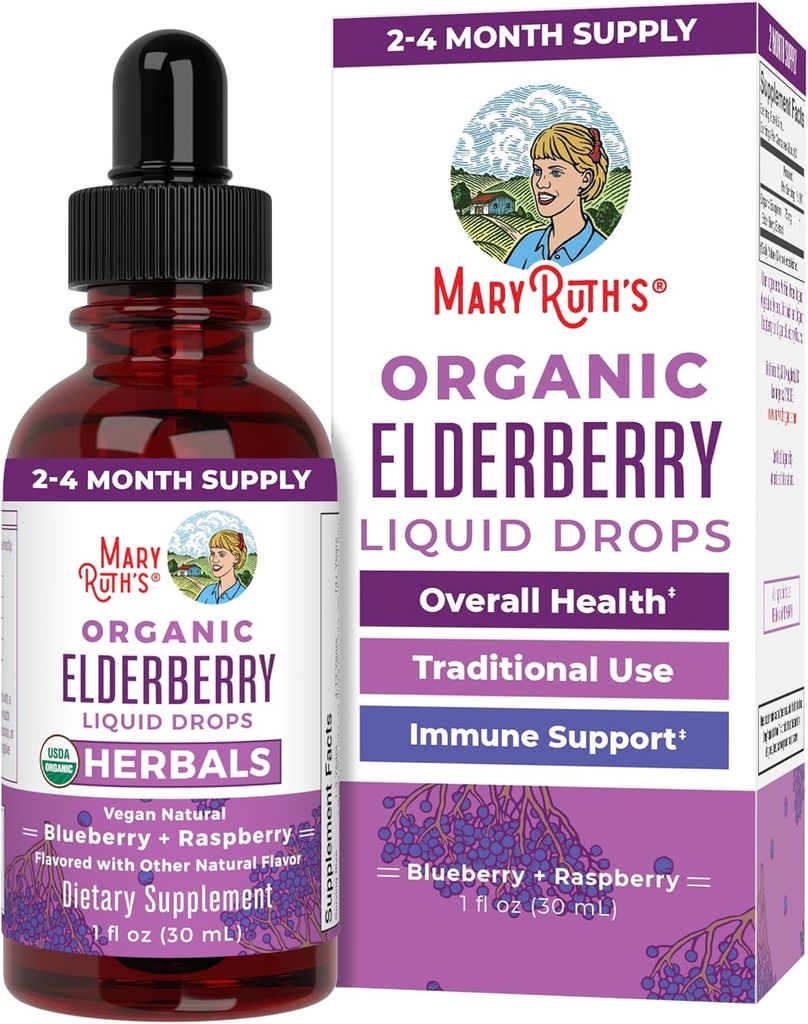 MaryRuth Organics Elder Syrup | USDA Organic | Sugar Free Immune Support Supplement for Yetişkinler & Kids, Ages 1 | Vegan, Non-GMO, Immune ATMs, Clean Label Project TY | 1 Fl Oz Label