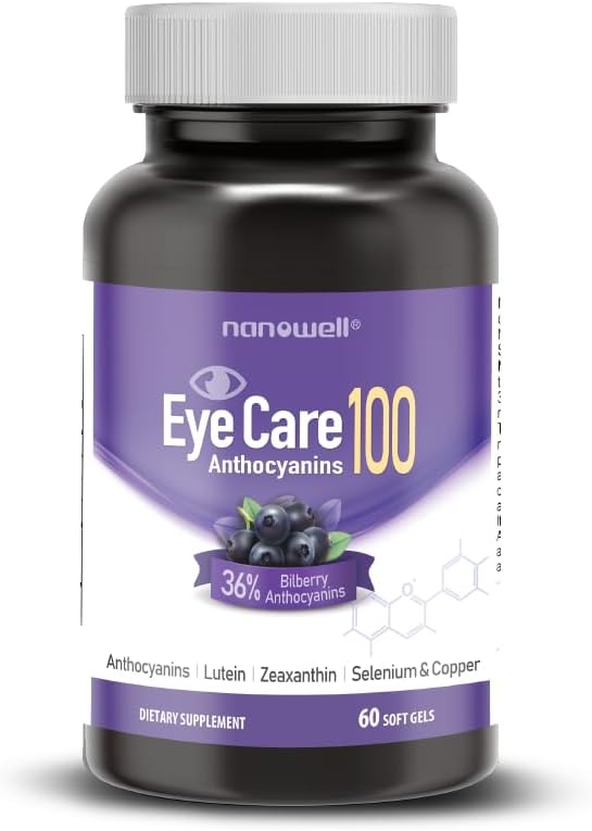 NANOWELL EyeCare Anthocyanins 100 - Eye Health Supplement with Bilberry, Zeaxanthin, Lutein, Anthocyanins, A, E, Selenium & Copper - 60 Softgels, 60 Day Supply