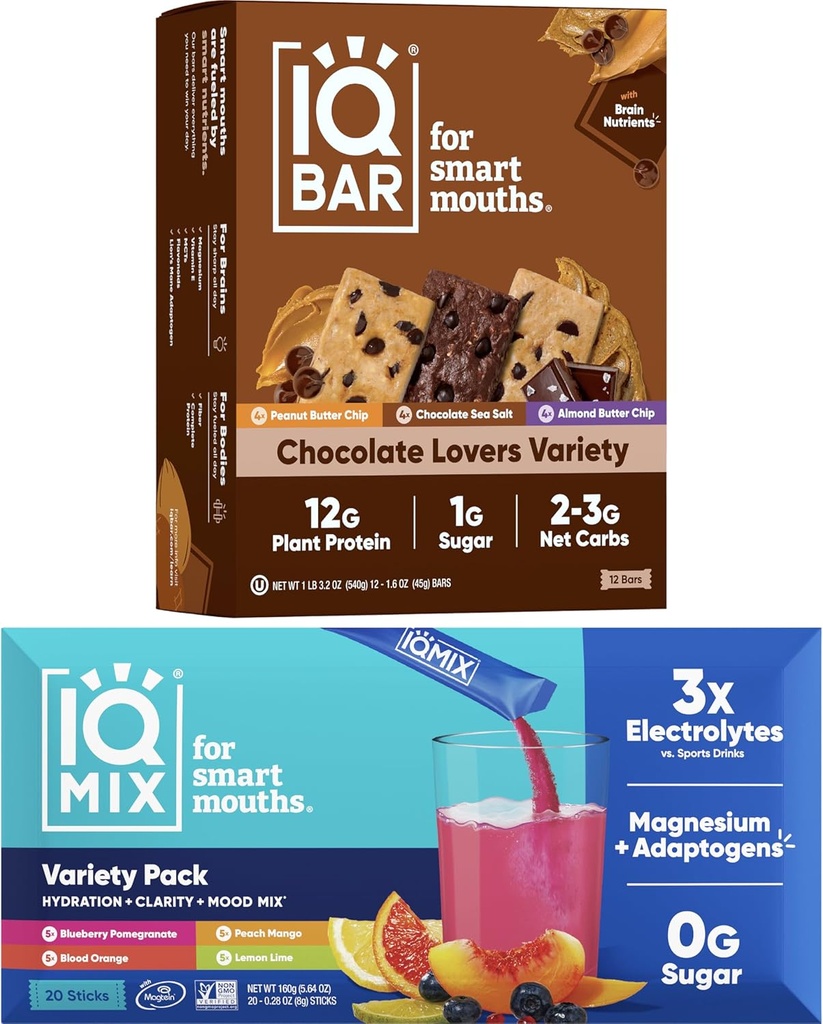 IQBAR Beyin ve Vücut Keto Protein Barlar - 12 Kont Chocolate Lovers Çeşitli Low Carb, Vegan Bars & IQMIX Sugar Free Electrolyte Toz Paketleri - Aslanlar Mane ile 20 Çeşitli Pack Keto Electrolytes