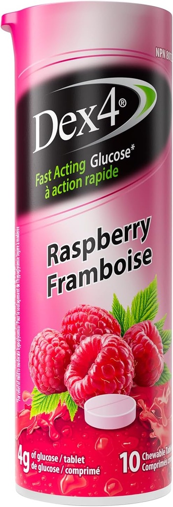 Dex4 Glucose Tablets, Raspberry, 12-Pack of Dex4 Tubes, 10 Tablets in Each Tube, Each Tablet Contains 4g of Fast-Acting Carbs