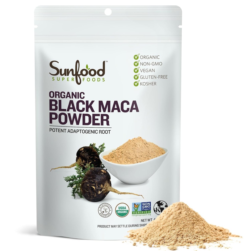 Sunfoods Superfoods Organic Black Maca Toz - Siyah Maca Root Toz, Men & Women, Peruvian, Raw, Vegan, Premium Black Maca Toz - 4 oz Baga