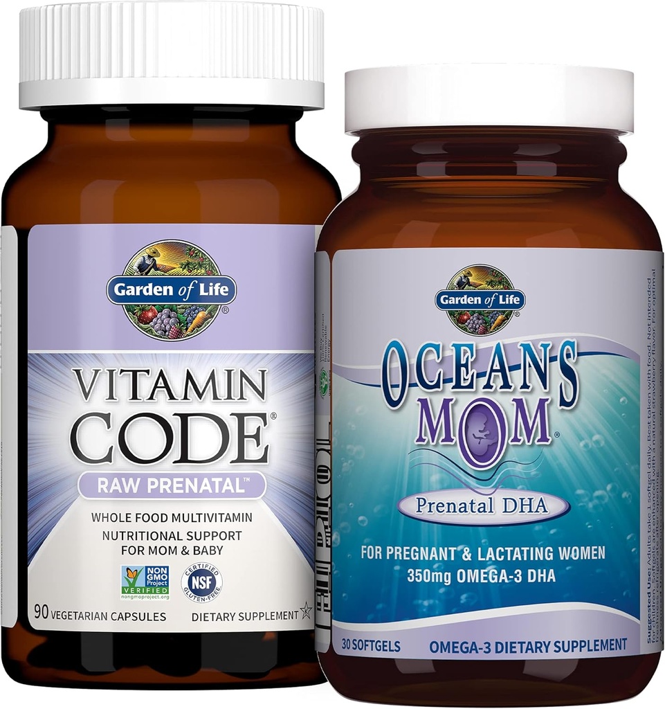Life Prenatal Multi + DHA Sche: Vitamin Code Raw Prenatal Multivitamin with Folate, 90 Vegetarian Capsules Plus Oceans Mom DHA Once Daily, 350 mg DHA Fish Oil, 30 Strawberry Softgels