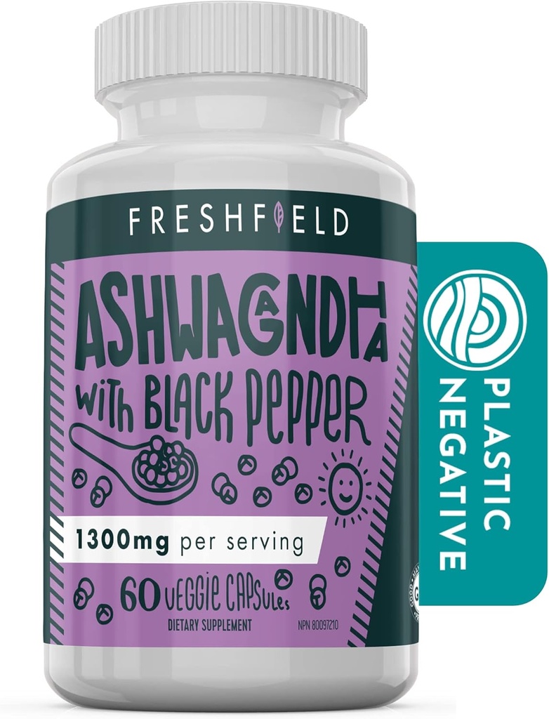 Freshfield Ashwagandha with Black Pepper. Vegan Friendly Supplement for Adrenal Fatigue Support, Muscle Memory, Thyroid and Strength. Tüm Doğal 1300 mg Capsules
