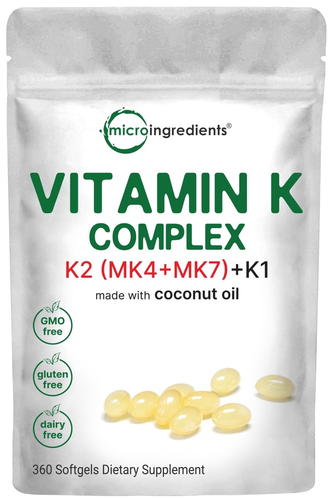 Micro Ingredients Super Vitamin K Complex (K2 MK7 + MK4 & K1), 360 Coconut Oil Softgles 
