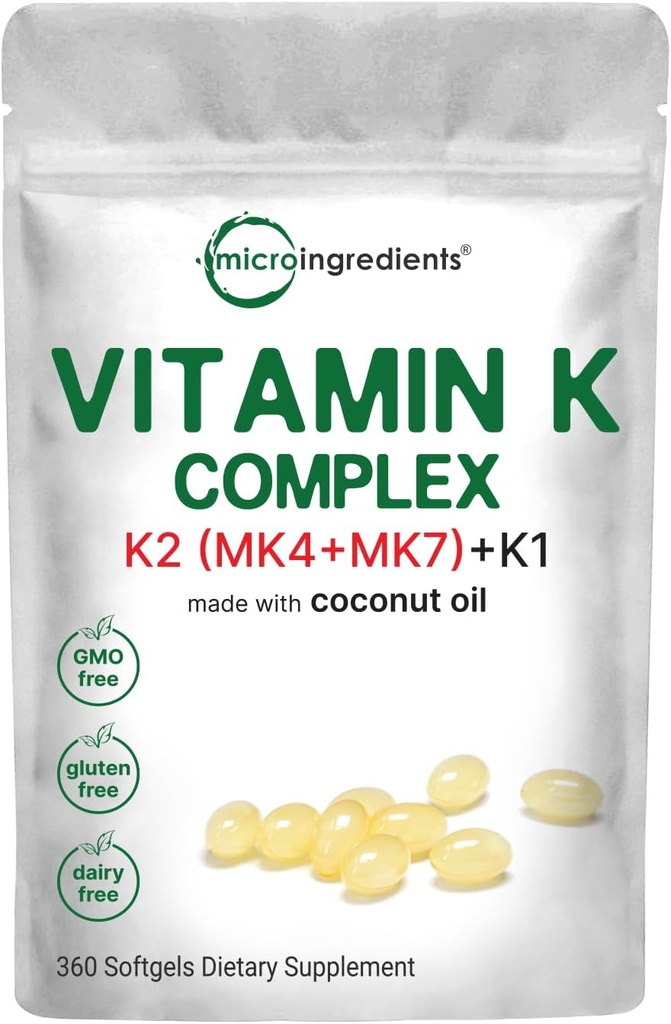 Mikro Malzemeler Super Vitamin K Kompleksi (K2 MK7 + MK4 & K1), 360 Coconut Oil Softgles | Kolay Absorbed K Vitaminleri, Active Menaquinone Kompleks | Immune, Joint, & Heart Support | Non-GMOMOB