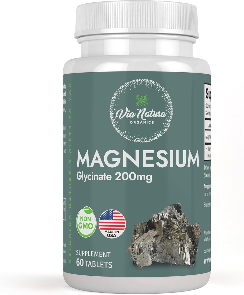 Magnezyum Glycinate 200 mg | Gluten Free | Non-GMO | Via Natura Organics tarafından 60 Tablo