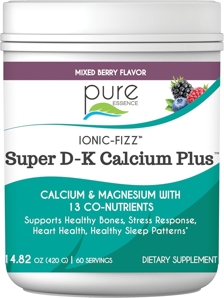 Ionic Fizz Super D-K Calcium Plus by Pure Essence - with Extra Magnesium, Vitamin D3, Vitamin K2 for Strong Bones and Stress Support - Mixed Berry - 14.82oz