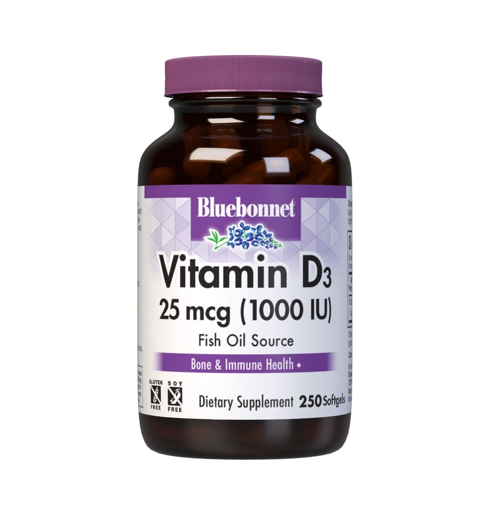 Bluebonnet Beslenme Vitamin D3 1000 İ Softgels, Kas ve Skeletal Büyümede Yardımcılar, Balık Yağı'ndan Cholecalciferol, Gluten Ücretsiz, Soy Free, Dairy Free, 250 Softgels