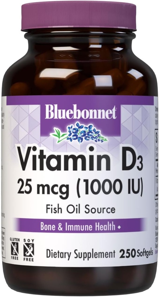 Bluebonnet Beslenme Vitamin D3 1000 İ Softgels, Kas ve Skeletal Büyümede Yardımcılar, Balık Yağı'ndan Cholecalciferol, Gluten Ücretsiz, Soy Free, Dairy Free, 250 Softgels