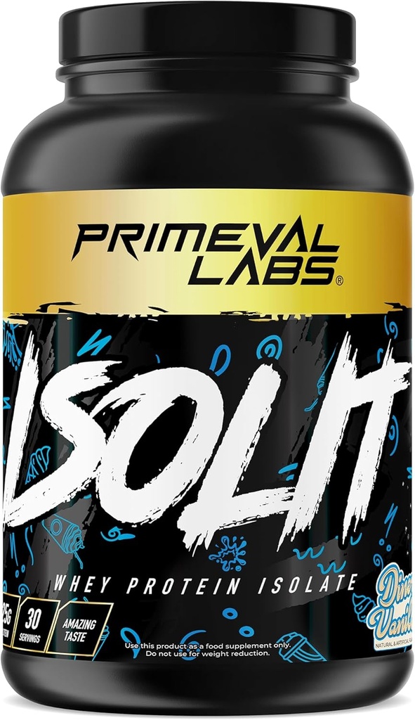 Primeval Labs ISOLIT - Whey Protein Powder, 100% Whey Isolate, 25g πρωτεΐνης, BCAAs, γρήγορη απορρόφηση, Easy Digesting (Diner Vanilla, 2lb)