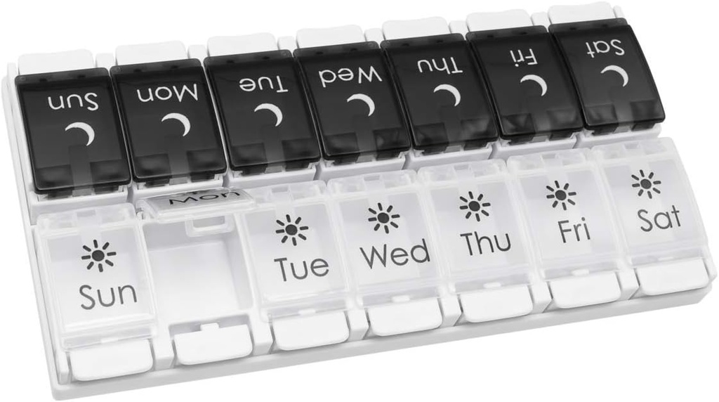 EZY DOSE Push Button (7-Day) Pill Case, Medicine Planner, Vitamin Organizer, 2 φορές την ημέρα AM/PM, Αποσπώμενοι Δίσκοι, Μεγάλα Διαμερίσματα, Αρθρίτιδα Φιλικό, Ανοιχτό Μαύρο και Λευκό Lids, BPA Δωρεάν