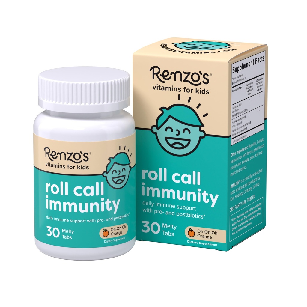Renzo'nun Roll Çağrısı Immune Support Supplement with IMMUSE Postbiyotik, Sugar-Free Kids Vitamins, 30 Orange-Flavored Melty Tabs