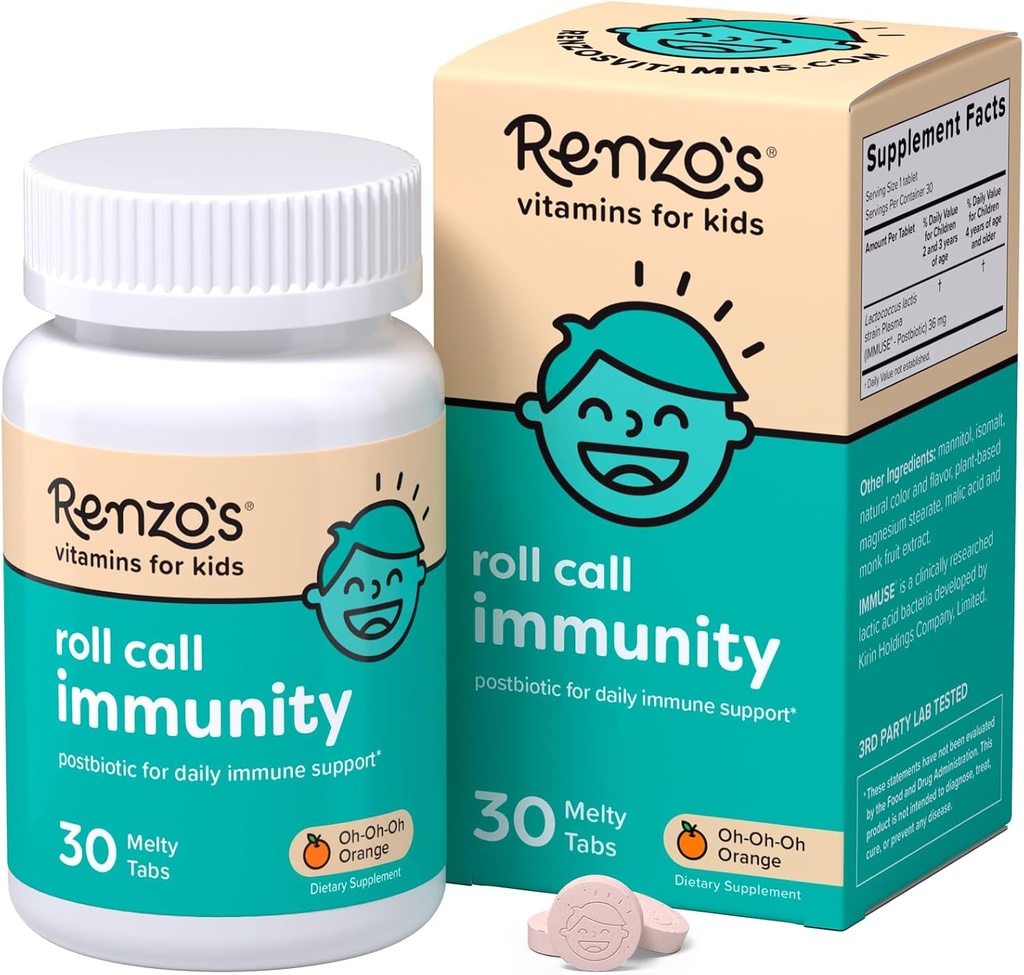 Renzo's Roll Call Immunity - Dissolvable Kids Immune Support Supplement with IMMUSE Postbiotic, Sugar-Free Kids Vitamins, 30 Orange-Flavored Melty Tabs