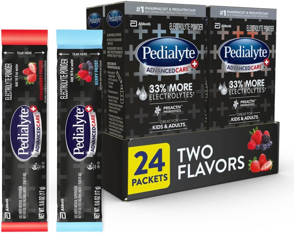 Pedialyte AdvancedCare Plus Ηλεκτρολυτική σκόνη, έχει 33% Περισσότερα Ηλεκτρολύτες και PreActiv Prebiotics, Variety Pack: Berry Frost και Strawberry Freeze, 24 συσκευασίες σκόνης