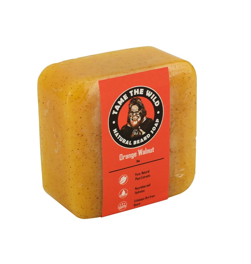 TAME THE WILD Orange Walnut Beard Soap Bar - 5 oz Exfoliating Beard Wash and Face Scrub - Shea Butter and Coconut Oil Cleanser - Hydrating Grooming Soap - Father's Day Armağan