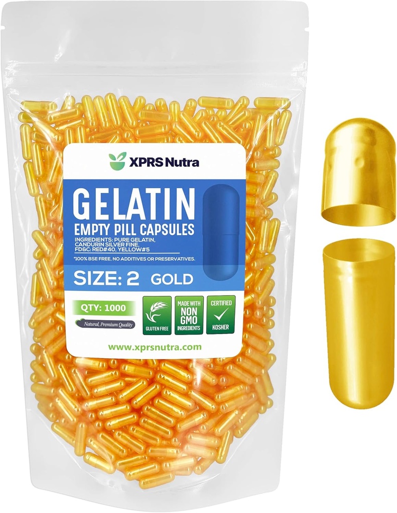 XPRS Nutra Boyutu 2 Boş Kapsüller - 1000 Kont Boş Gelatin Capsules - Pills DIY Capsule - Pure Bovine Pill Gel Caps For Do-It- Yourself Supplements (Gold)