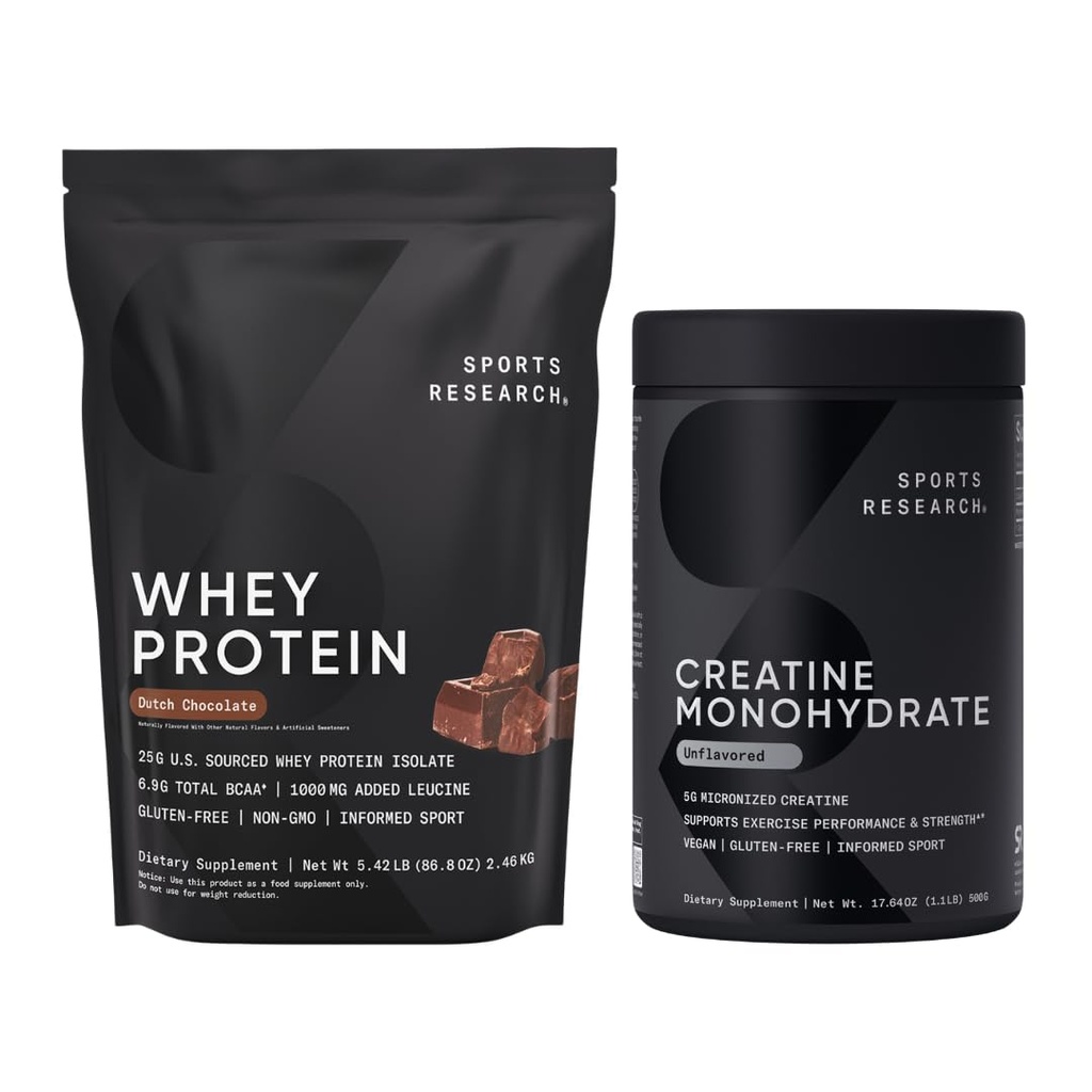 Sports Research Creatine Monohydrate (1.1 LBS) και Ολλανδική πρωτεΐνη Whey Chocolate (5.42 LBS), The Dynamic Duo for Lean Muscle Building, βελτιωμένη απόδοση και δύναμη & αποκατάσταση προπόνησης