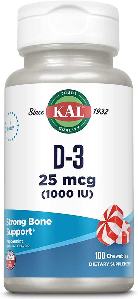 KAL D3 1000 IU 25 mcg, Vitamin D Chewables, Kalsiyum Aborpsiyon, Bone Health ve Immune Support Supplement, Natural Peppermint Flavor, Xylitol, 100 Hizmet, 100 Chews