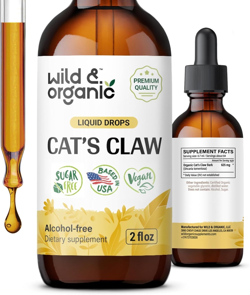 Wild & Organic Cats Claw Tincture - Immune Support Supplement - Liquid Cats Claw Supplement - Vegan, Sugar & Alkol-Free Bark Extract Drops - 2 fl oz