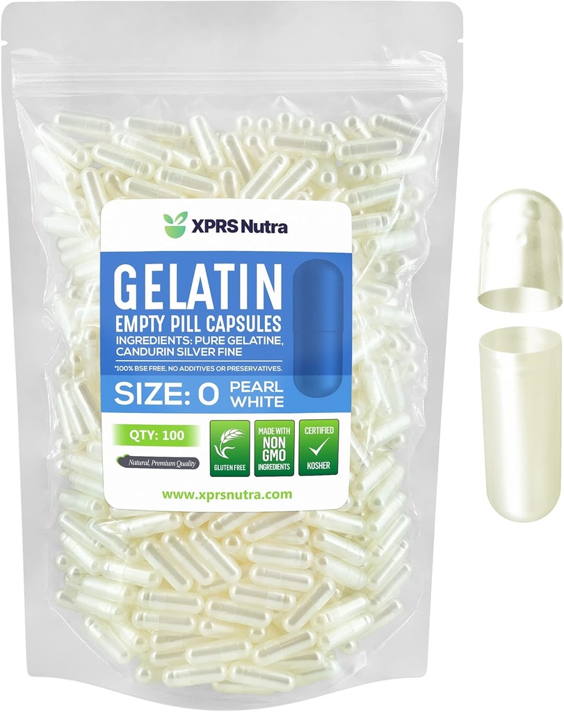 XPRS Nutra Boyutu 0 Boş Kapsüller - 500 Kont Boş Gelatin Capsules - Pills DIY Capsule - Pure Bovine Pill Gel Caps For Do-It- Yourself Supplements (Pearl White)