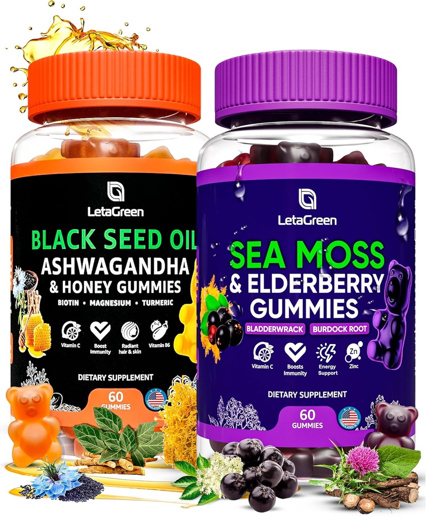 Ιρλανδική Θάλασσα Moss and Black Seed Oil Gummies Bundle – 120 Vegan Gummies Bears - Elderberry for Kids & Adults - Nigella Sativa with Ashwagandha & Honey