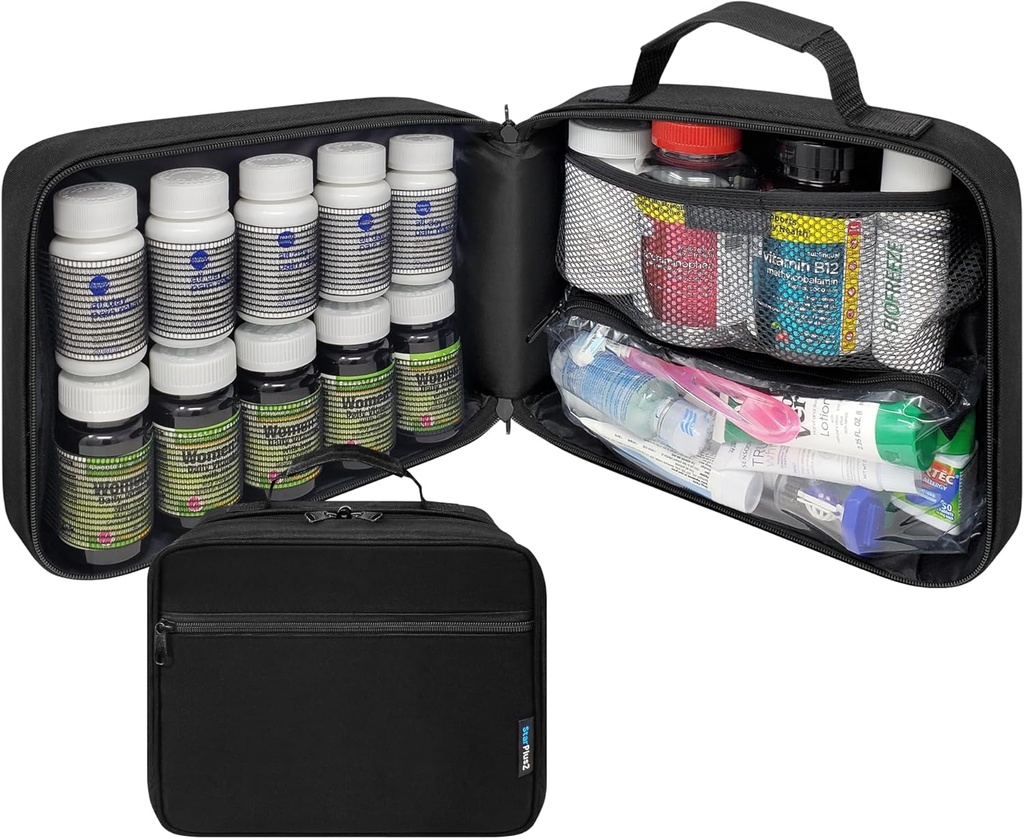 Büyük Pill Şişe Organizer, Tıp Bag, İlaçlar, Vitaminler ve Tıbbi Malzemeler - Seyahat Hekimliği ve Depolama Med Bag Elastic Bands - Black (Without Lock)
