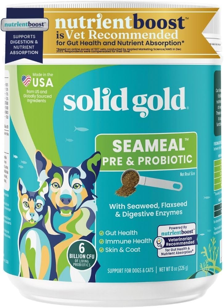 Solid Gold SeaMeal Cat Probiyotik & Dog Probiyotiks for Digestive Health - Kelp Toz Köpek & Cat Multivitamin Supplement w / Prebiyotiks & Digestive Enzymes for Skin, Coat, & Gut + Immune Support - 8oz
