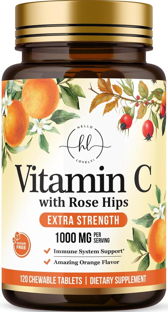 C Vitamin 1000 mg - Rose Hips Bioflavonoids ile Ekstra Güç - Sugar Free Vitamin C Chewable Pills, Nature's Vit C for Immune Support & Antioxy - 120 Chewable Tabletler